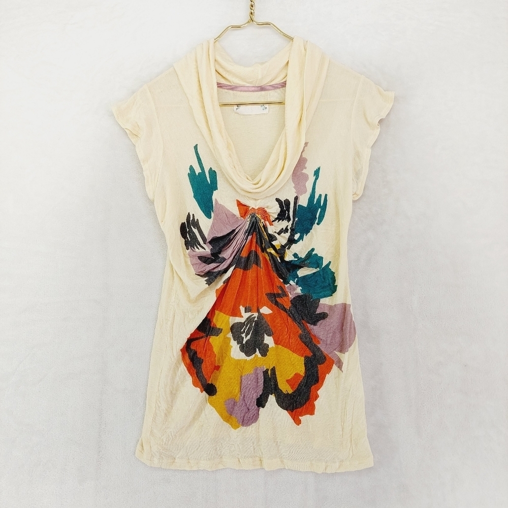 Velvet Anthropologie Soft Yellow Cream Artsy Print Cowl Neck Summer Top P1808